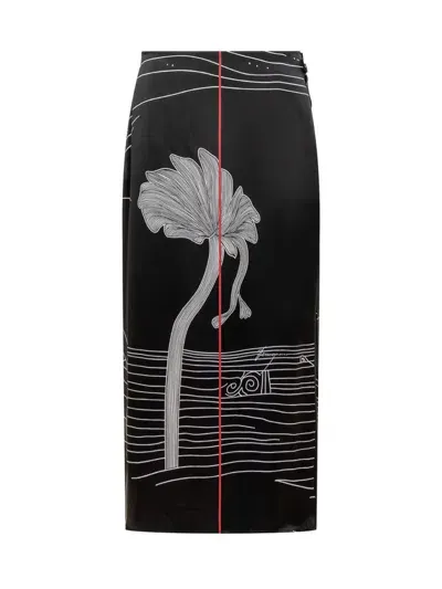 Ferragamo Printed Silk Midi Wrap Skirt In Black,white