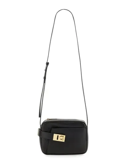 Ferragamo 'camera Case S' Black Crossbody Bag With Gancini Buckle In Leather Woman