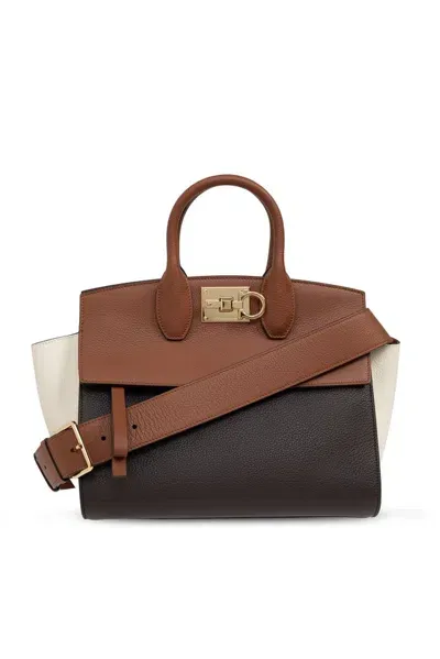 Ferragamo Salvatore  Small Studio Colourblock Tote Bag In Brown