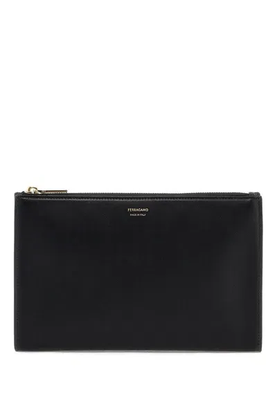 Ferragamo Smooth Leather Pouch In Seven Words In Black