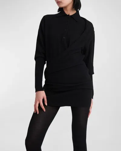 Ferragamo Wool-cashmere Long-sleeve Mini Polo Sweater Dress In Nero