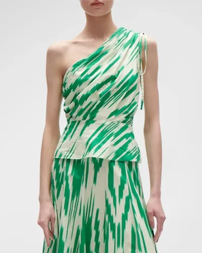 Figue Blythe Ikat-print One-shoulder Peplum Top In Green