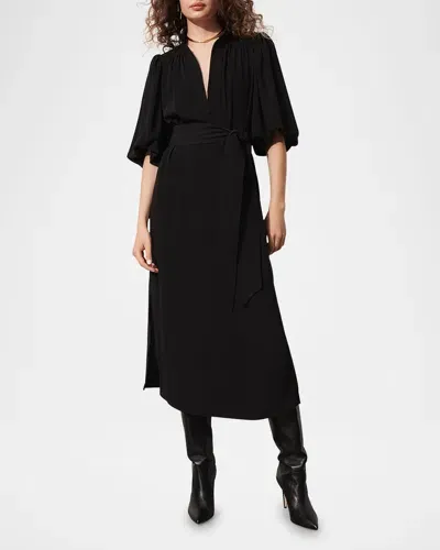 Figue Dani Puff-sleeve Belted Midi Dress In Onyx Black