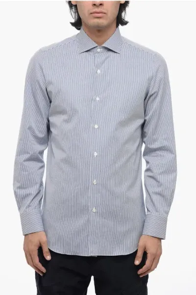 Finamore 1925 Awning Striped Milano Shirt With Spread Collar In Blue