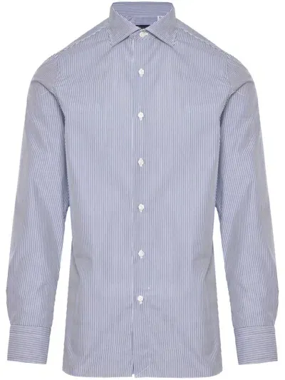 Finamore 1925 Napoli Spread Collar Striped Shirt In Blue