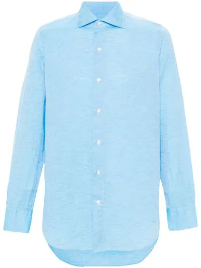 Finamore Cotton And Linen Blend Shirt In Clear Blue