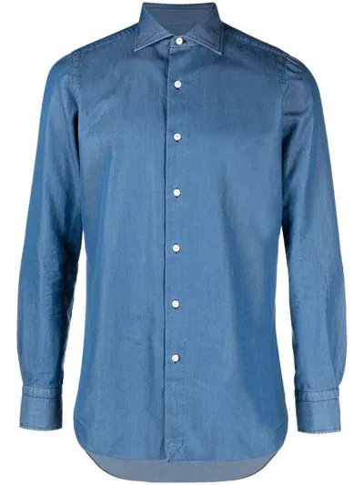 Finamore Napoli Cotton Shirt In Clear Blue