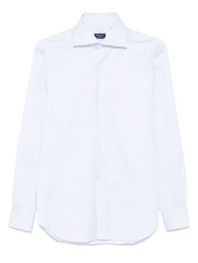 Finamore White And Sky Blue Cotton Striped Shirt