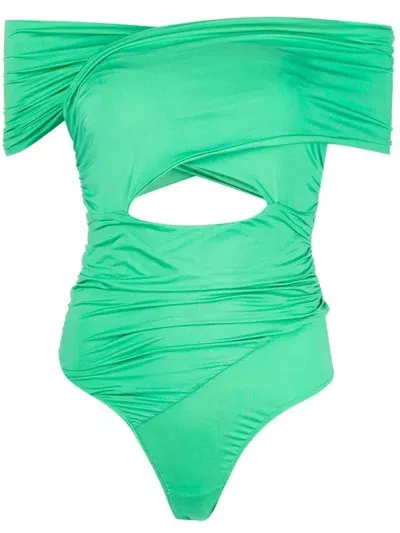 Fleur Du Mal Draped Off-shoulder Bodysuit In Green