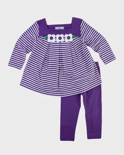 Florence Eiseman Kids' Girl's Striped Tunic W Flowers & Leggings Set In Purple/white