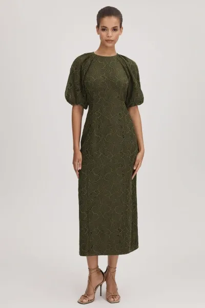 Florere Lace Puff Sleeve Midi Dress In Dark Khaki