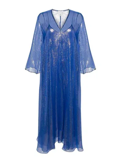 Forte Forte Beaded-trim Lurex Kaftan Dress In Blue