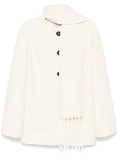 Forte Forte Short Wool Coat Fringed Scarf In White