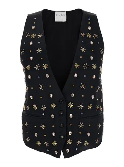 Forte Forte "the Stars Of Bali" Embroidery Satin Waistcoat In Black