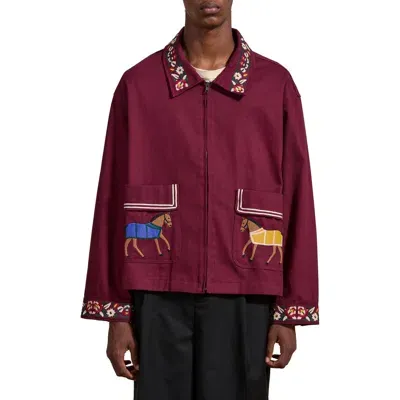 Found Oxblood Horse Equine Oversize Embroidered Cotton Jacket