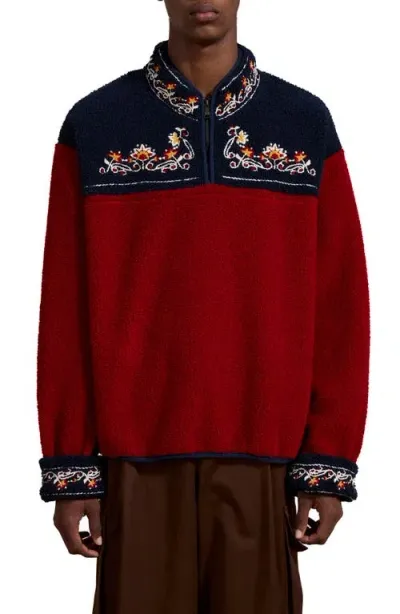 Found Pahari Floral Embroidered Fleece Quarter Zip Pullover In Red