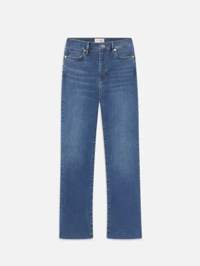 Frame Le High Straight Long Raw Fray Jeans In Blue