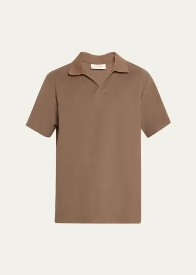 Frame Jacquard Short Sleeve Open Collar Polo Shirt In Soft Mocha