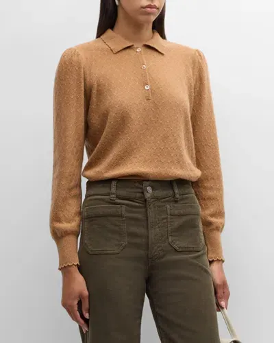 Frame Scalloped Cashmere Polo Sweater In Camel