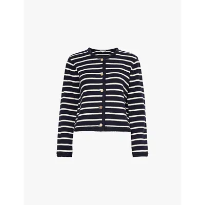 Frame Womens Vystriped-print Round-neck Wool And Cotton Cardigan In Navy Multi