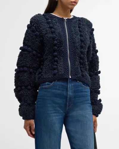 Frame Zip-front Pom Pom Cardigan In Navy