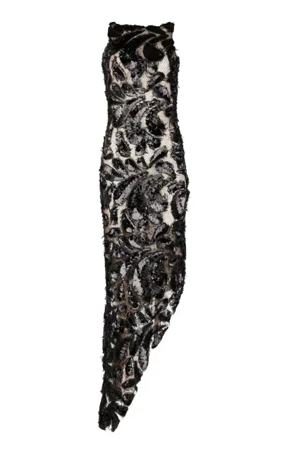 Francesca Miranda Gota Sequined Lace Asymmetrical Maxi Dress In Black