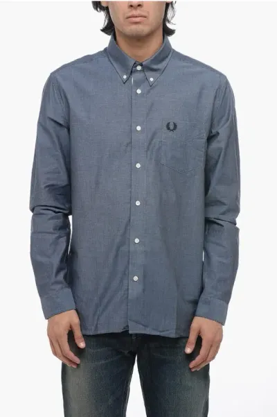 Fred Perry Button-down Cotton Shirt With Logoed Breast-pocket In Blue