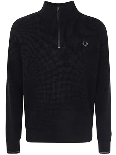 Fred Perry Waffle Stitch Half Zipper Jumper Clothing In Black