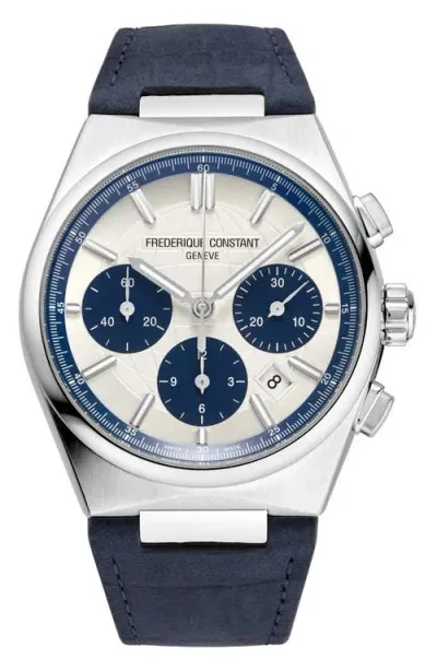 Frederique Constant Men's Swiss Automatic Chronograph Highlife Navy Leather Strap Watch 41mm