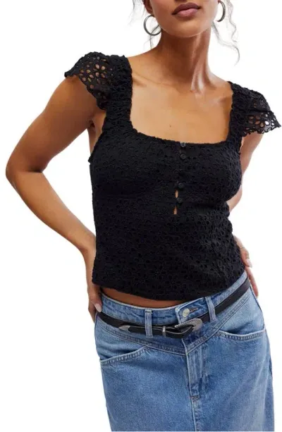 Free People Alma Eyelet Cap Sleeve Top In Black