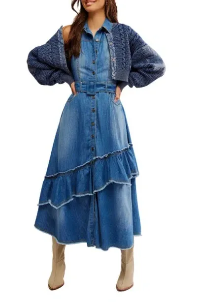 Free People Beau Belted Asymmetric Hem Sleeveless Denim Shirtdress In Blue Grass