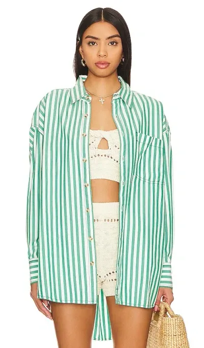 Free People Freddie Stripe Oversize Button-up Shirt In French Green Combo