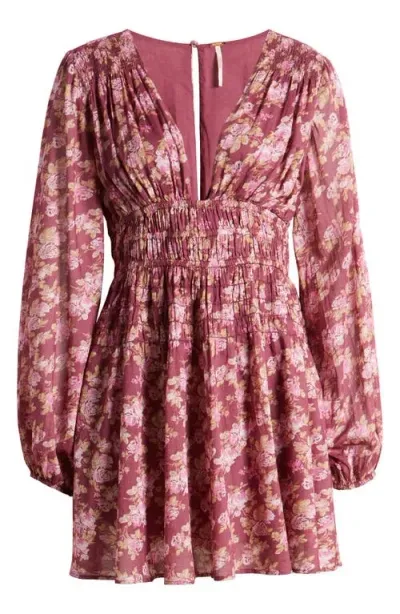 Free People Keep You Long Sleeve Cotton Minidress In Berry Combo