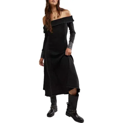 Free People Monty Off The Shoulder Long Sleeve Cotton Midi Dress In Washed Black