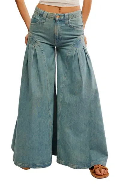 Free People Pandora Pleated Wide Leg Jeans In Union Blue