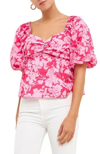 Free The Roses Floral Bow Back Puff Sleeve Blouse In Red/pink