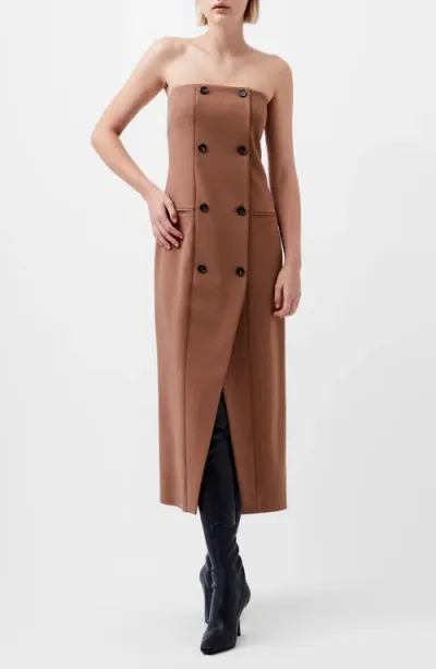 French Connection Azra Double Breasted Strapless Twill Midi Dress In Brown