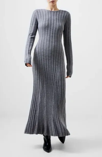 French Connection Long Sleeve Rib Maxi Sweater Dress In Mid Grey Medium