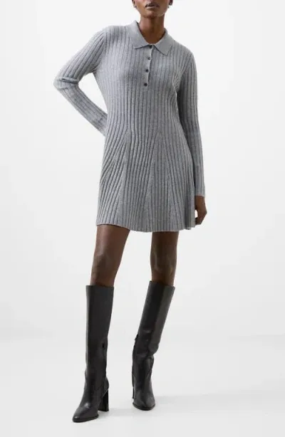 French Connection Vhari Long Sleeve Polo Sweater Minidress In Mid Grey Melange