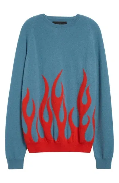 Frenckenberger X Sylvie Fleury Flames Cashmere Crewneck Sweater In Faded Blue/faded Red Flames