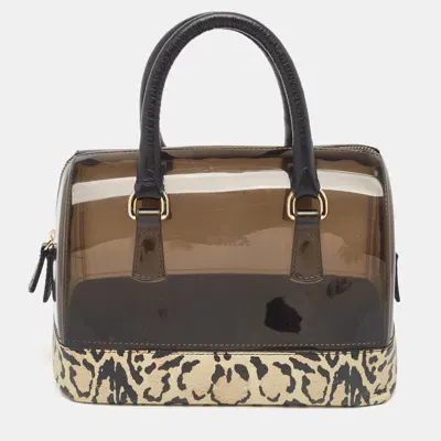 Pre-owned Furla Black/beige Leopard Print Rubber And Leather Candy Satchel