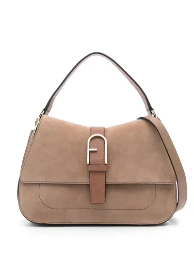 Furla Flow M Top Handle Suede+cow+veal Claris Lux In Brown