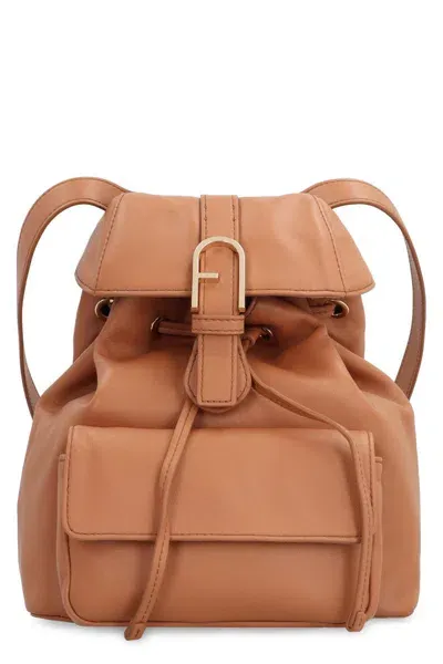 Furla Flow S Leather Backpack In Brown