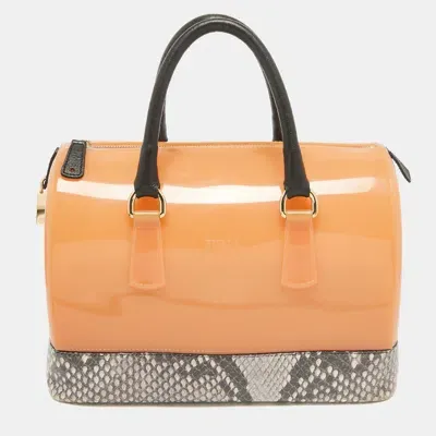 Pre-owned Furla Orange/grey Rubber And Python Print Leather Medium Candy Satchel