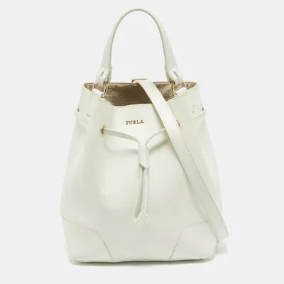 Pre-owned Furla White Leather Stacy Drawstring Bucket Bag