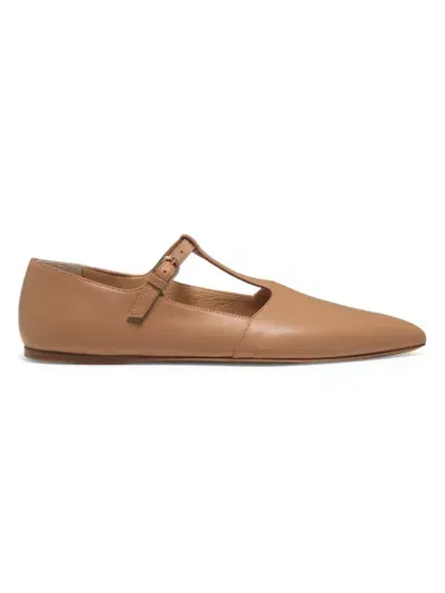 Gabriela Hearst Lola Ballerina Leather Mary Jane Point-toe Flats In Dark Camel