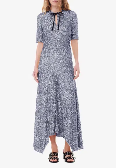 Ganni 3d Sequins Asymmetric Maxi Dress In Gray