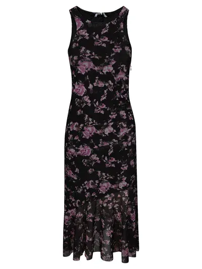 Ganni Abito Midi Stampa Fiori In Mesh In Purple