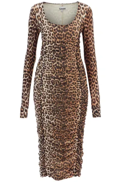 Ganni Leopard-print Ruched-detail Midi Dress In Beige