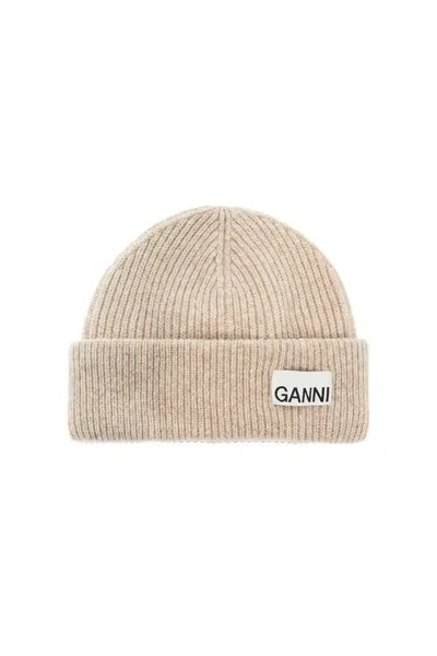 Ganni Beanie Hat With Logo Label In Brown